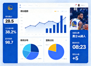 体育数据分析界面，展示比赛统计图表与数据指标