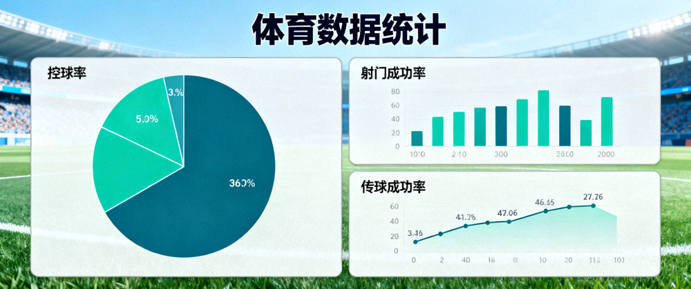 体育数据可视化面板，展示控球率、射门与传球成功率统计图表